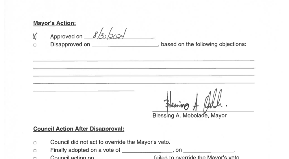 Signature page of Ordinance 24-87 showing a Mayor's Action block with 'Approved on 8/30/2024' checked and signed by Blessing A. Mobolade, Mayor
