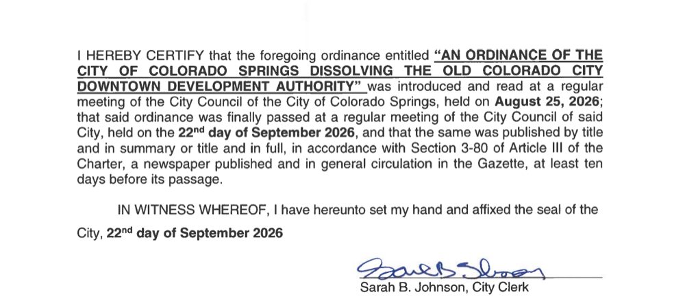 Clerk's certification page of Ordinance 26-48: finally passed September 22, 2026; second publication September 25; effective date October 1, 2026; signed by the City Clerk. No Mayor's Action block.